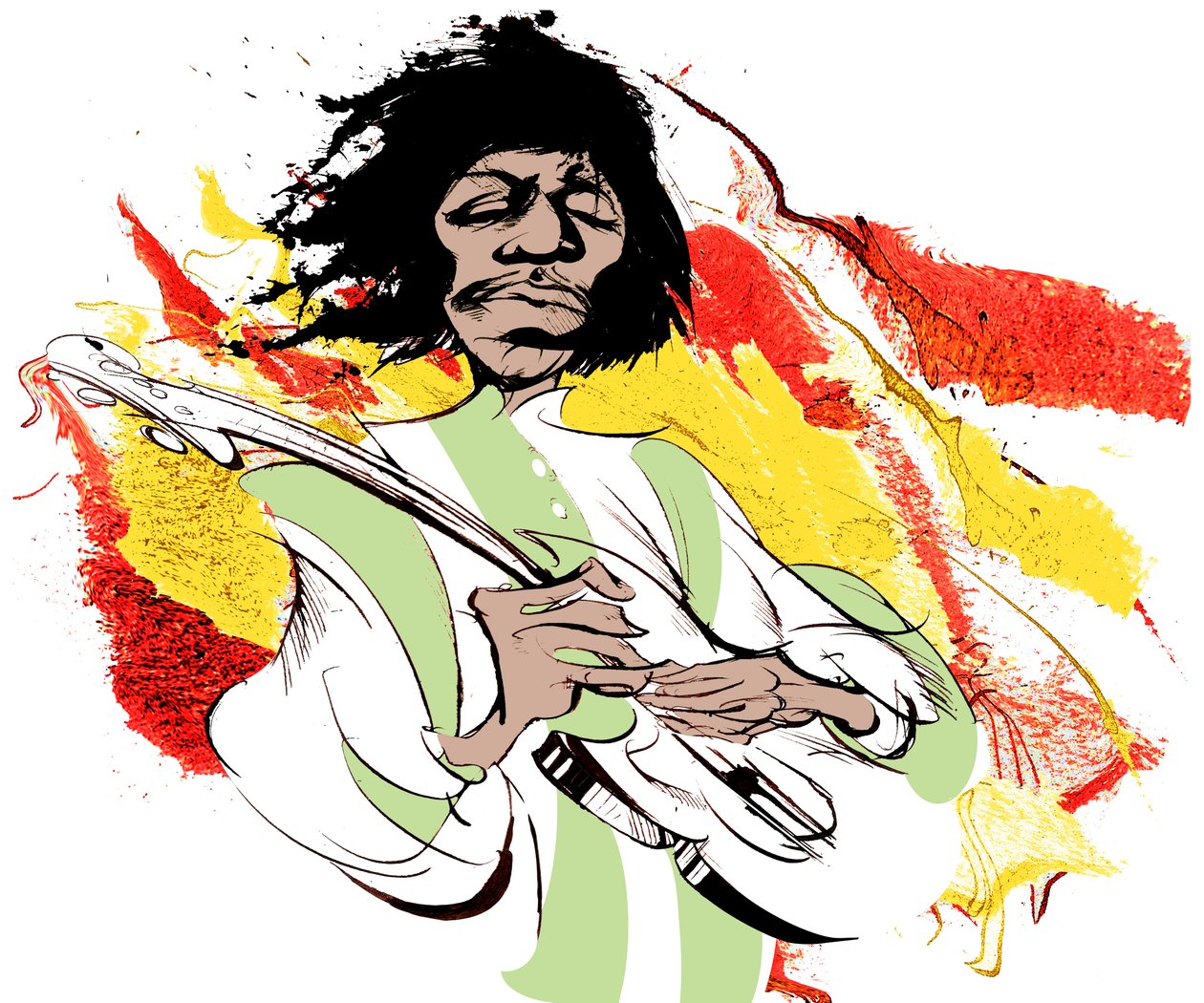 Jimi Hendrix, Amerikaanse gitarist (1942-70), kleur karikatuur door Neale Osborne