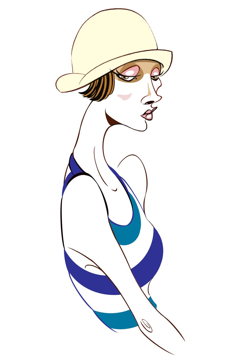 Model met een cloche hoed en blauw gestreepte top door Neale Osborne