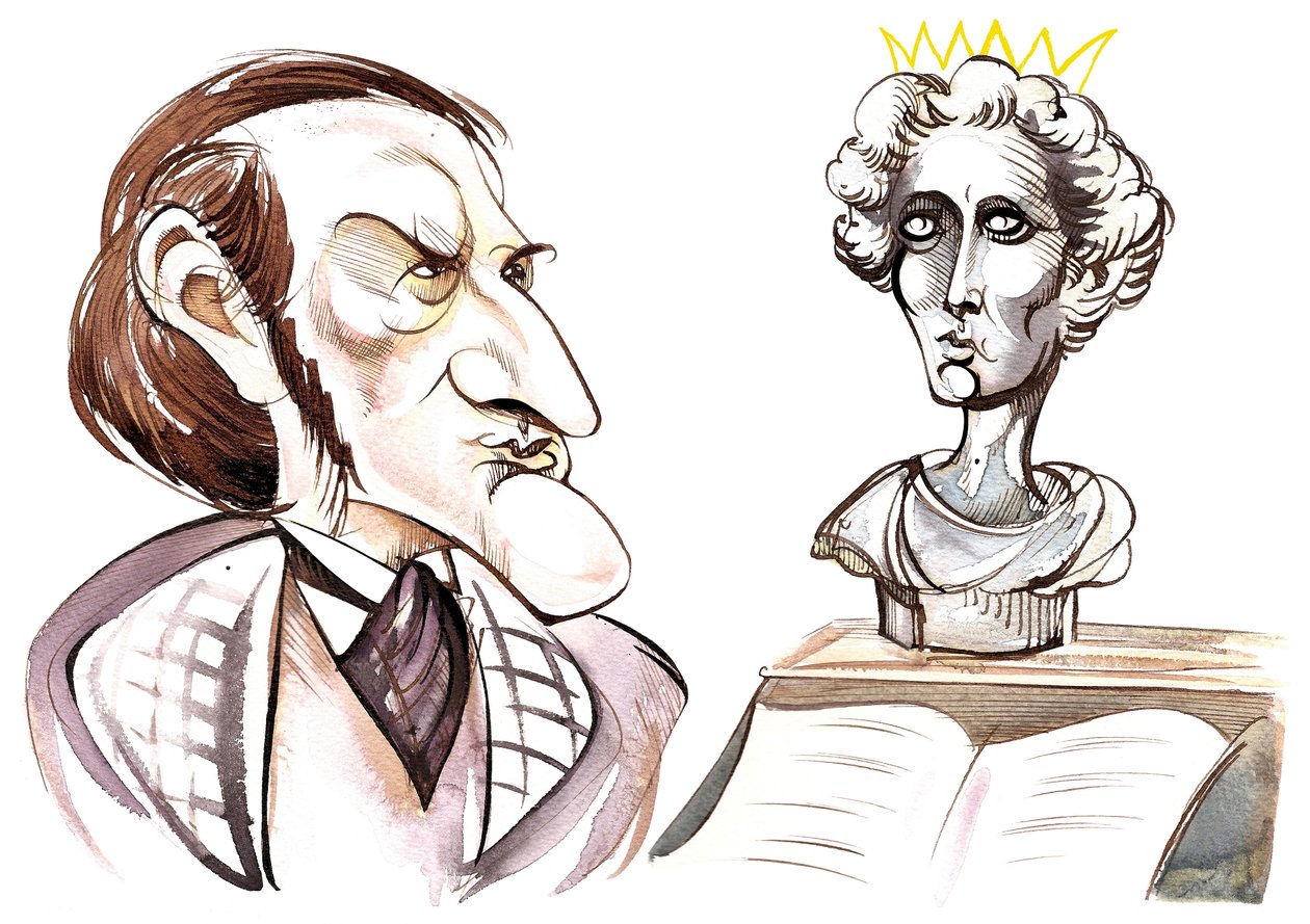 Richard Wagner - karikatuur van Duitse componist met een buste van Mad King Ludwig II van Beieren (1845-86) door Neale Osborne