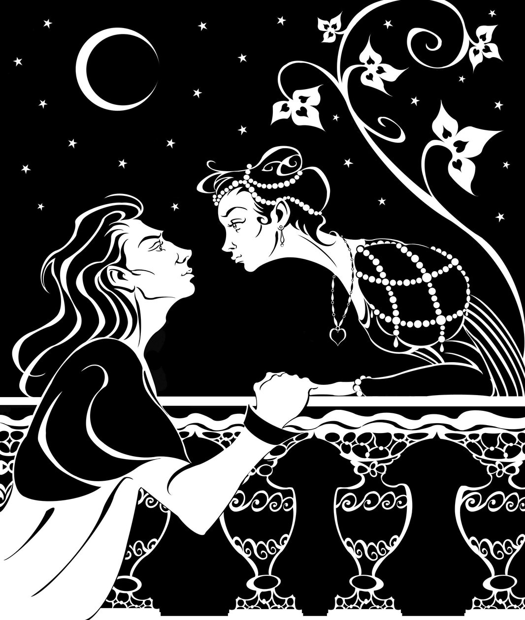 Romeo en Julia - illustratie van de balkonscène uit het toneelstuk van William Shakespeare door Neale Osborne
