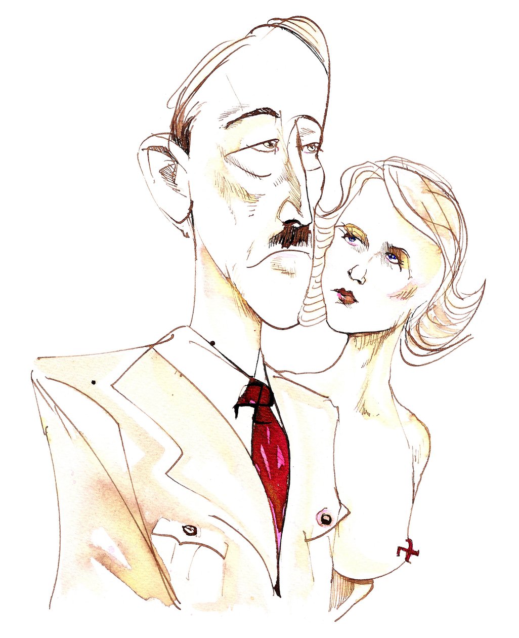 Adolf Hitler met zijn maîtresse Eva Braun - kleurenkarikatuur door Neale Osborne