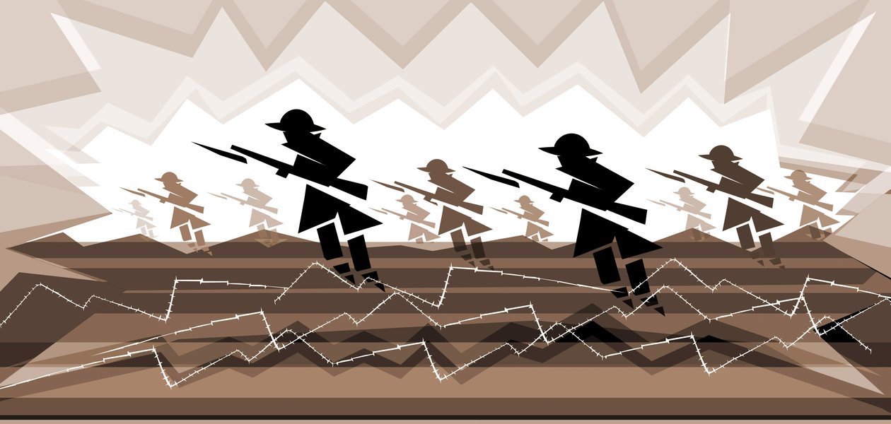 Eerste Wereldoorlog soldaten met bajonetten - opkomend uit loopgraven door Neale Osborne