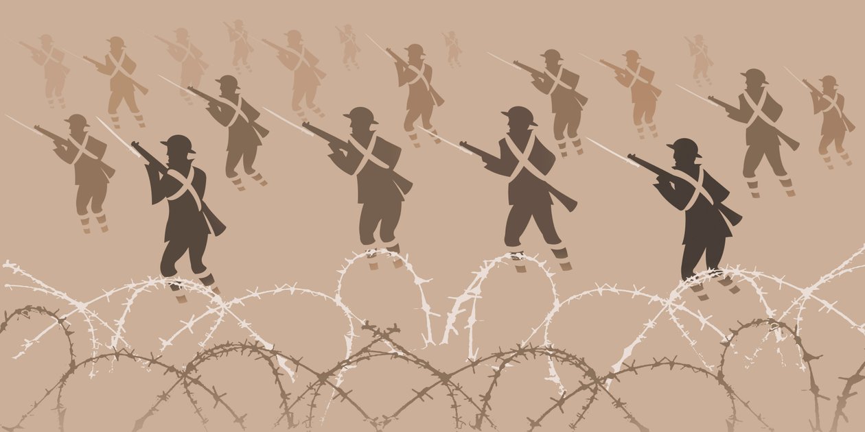 Eerste Wereldoorlog soldaten met bajonetten - opkomend uit loopgraven door Neale Osborne
