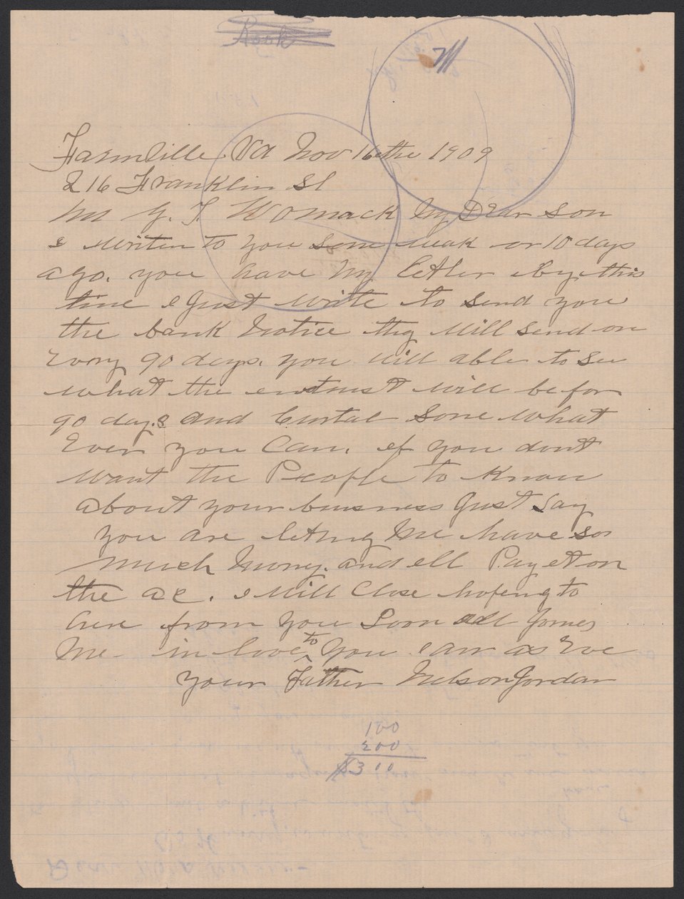 Brief van Nelson Jordan aan Julia Womack met een envelop, 16 november 1909 door Nelson Jordan