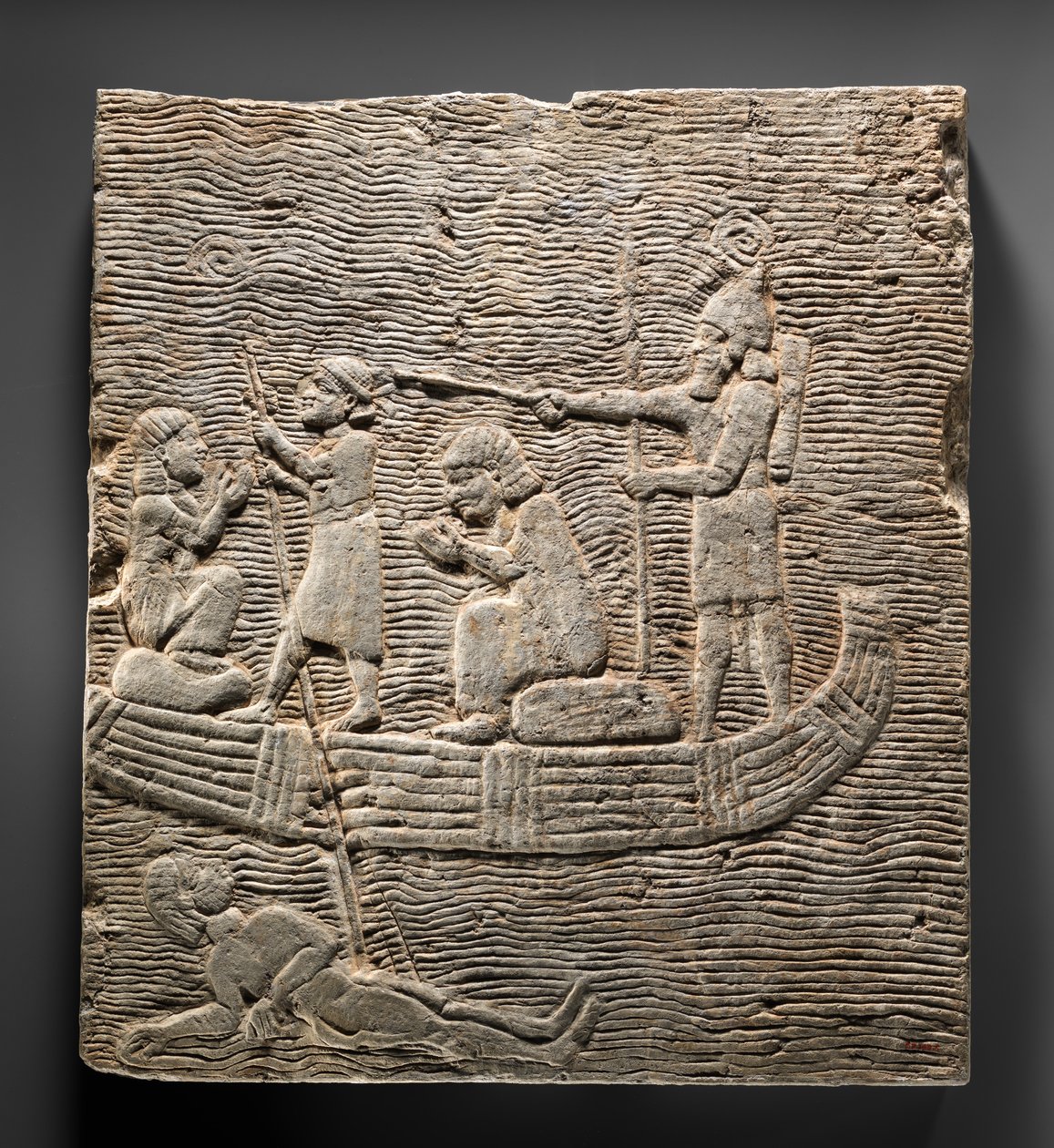 Reliëf: Assyrische soldaat die gevangenen over het water leidt, c.668-627 v.Chr. door Neo Assyrian
