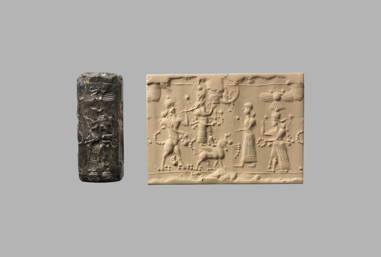 Cilinderzegel met schorpioenman en moderne indruk, ca. 8e-7e eeuw v.Chr. (kwarts, cryptokristallijn) door Neo Assyrian