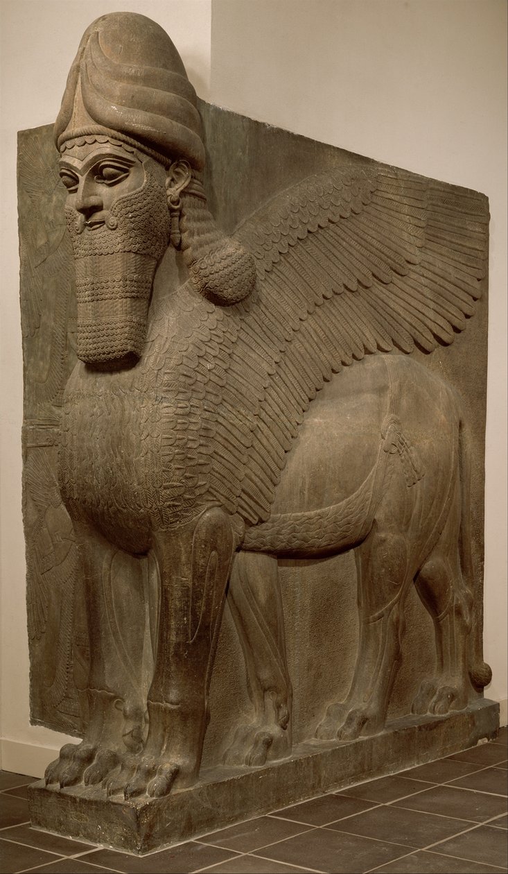 Menselijk hoofd met gevleugelde leeuw (lamassu), ca. 883-859 v.Chr. door Neo Assyrian