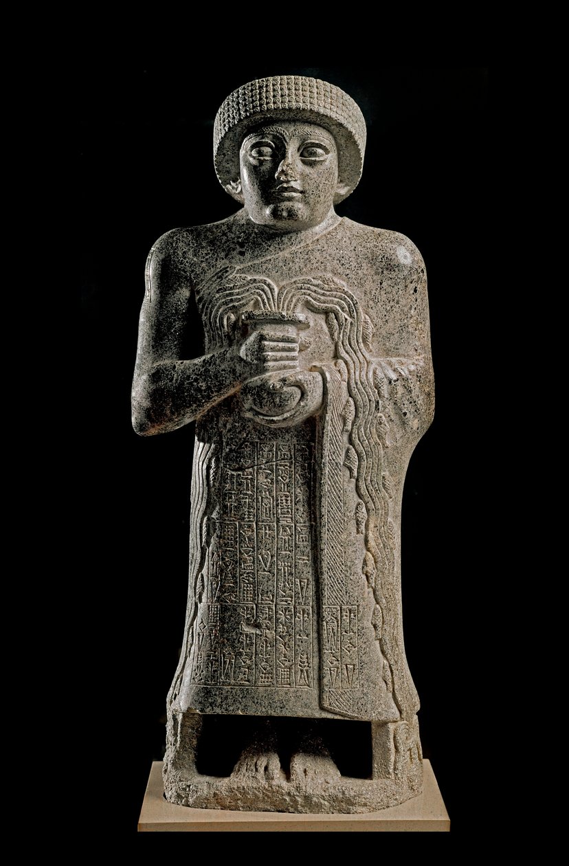Sumerische kunst: Detail van het standbeeld van Gudea, prins van Lagash bekend als 