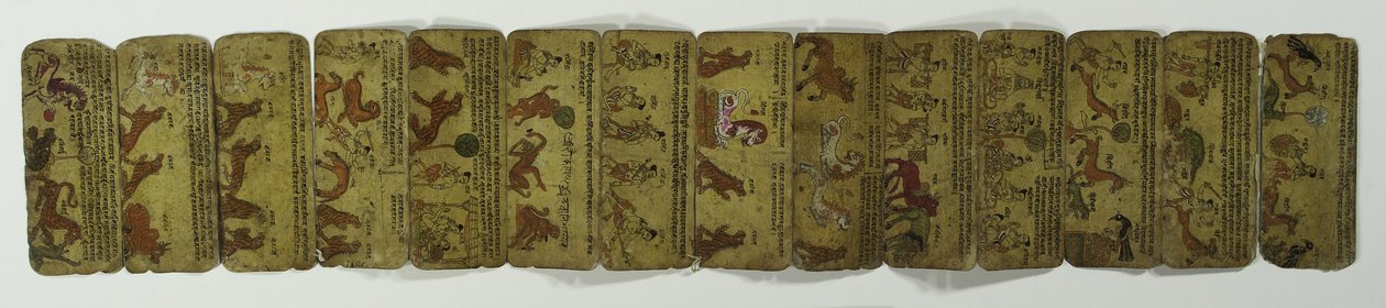 Een concertina-manuscript, diverse dierenafbeeldingen door Nepalese School