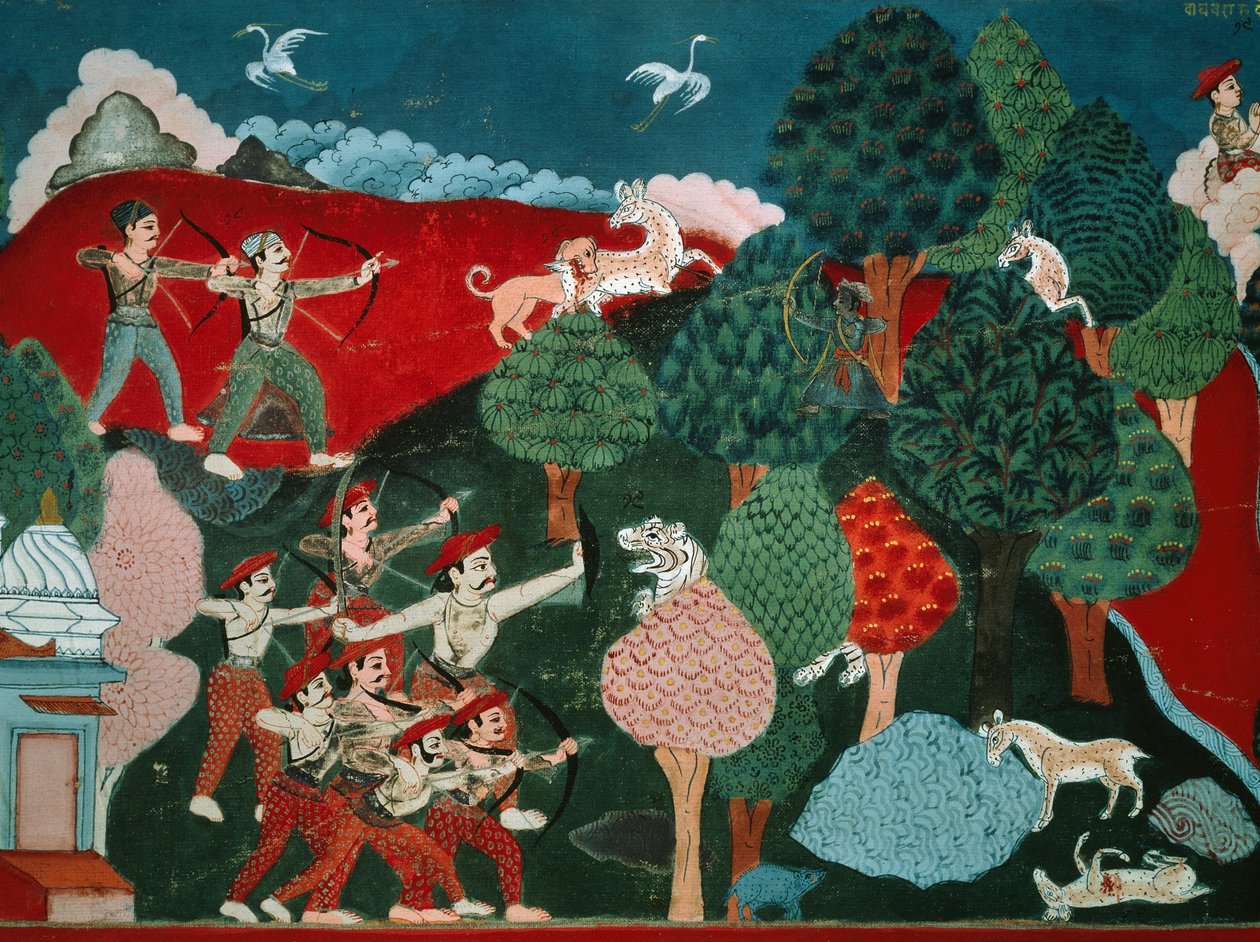 Een koning die zijn dagen doorbrengt met het doden van arme gazellen zonder reden, later, in een ander leven, is hij een gazelle en wordt gedood door een jager, detail uit Swayambhu Purana, belangrijk boeddhistisch heilig boek in Nepal door Nepalese School