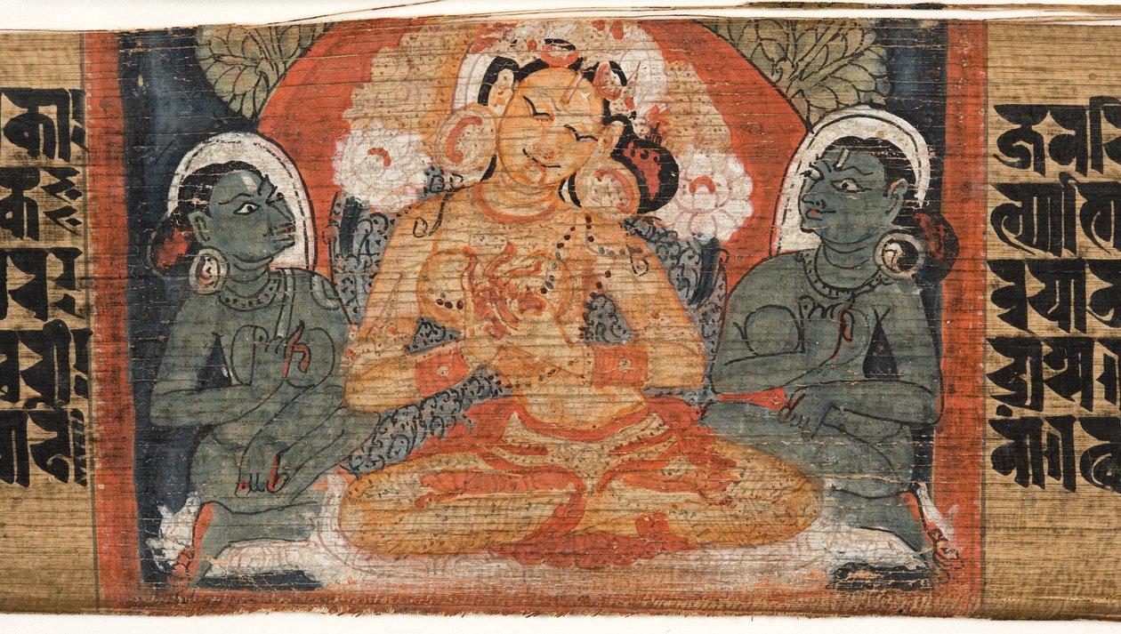 Folio 2r Godin Prajnaparamita, uit de Astasahasrika Prajnaparamita (inkt & kleuren op palmbladeren en hout) (detail) door Nepalese School