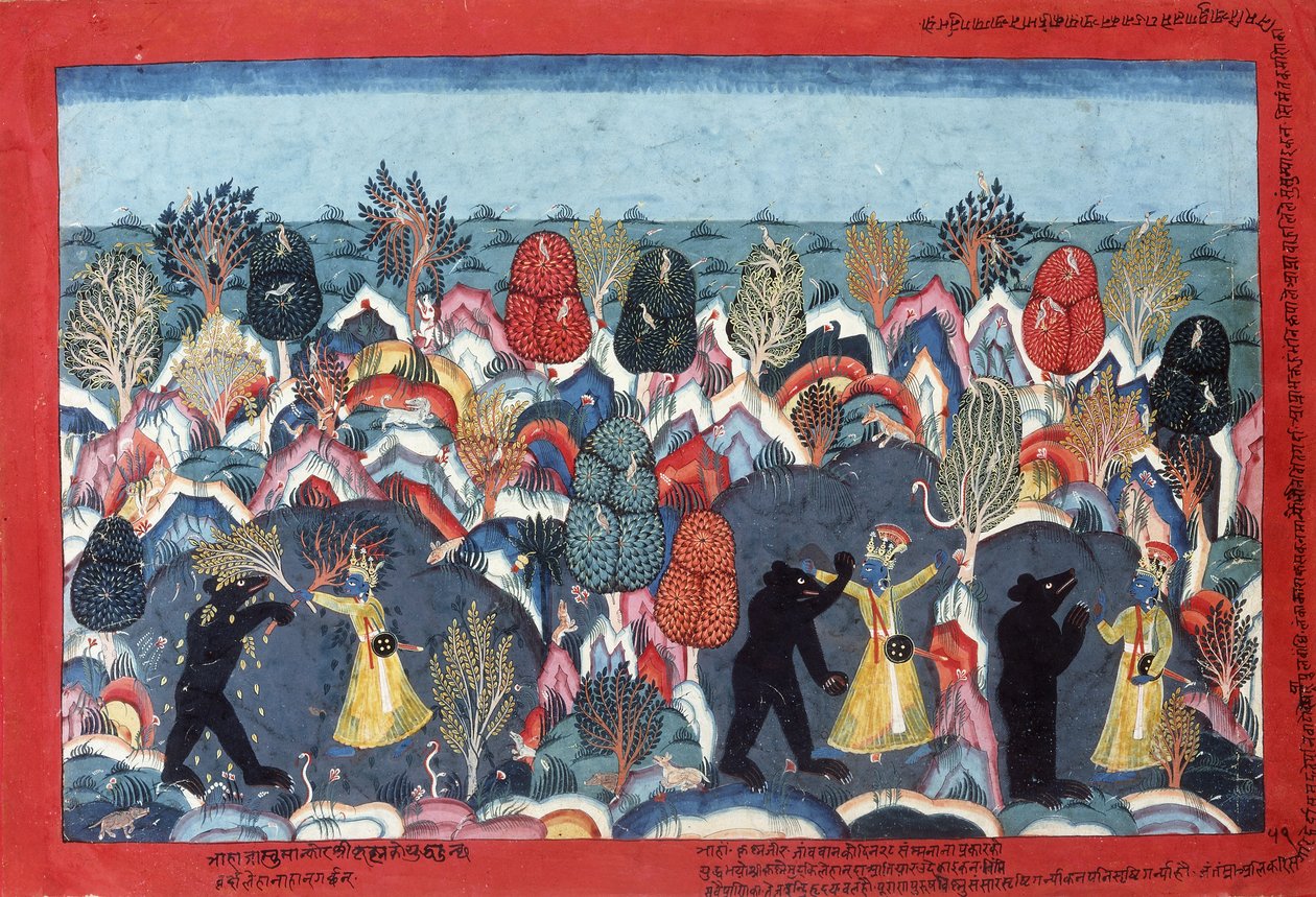 Krishna vecht tegen Jambavata, koning van de beren, ca. 1775 door Nepalese School