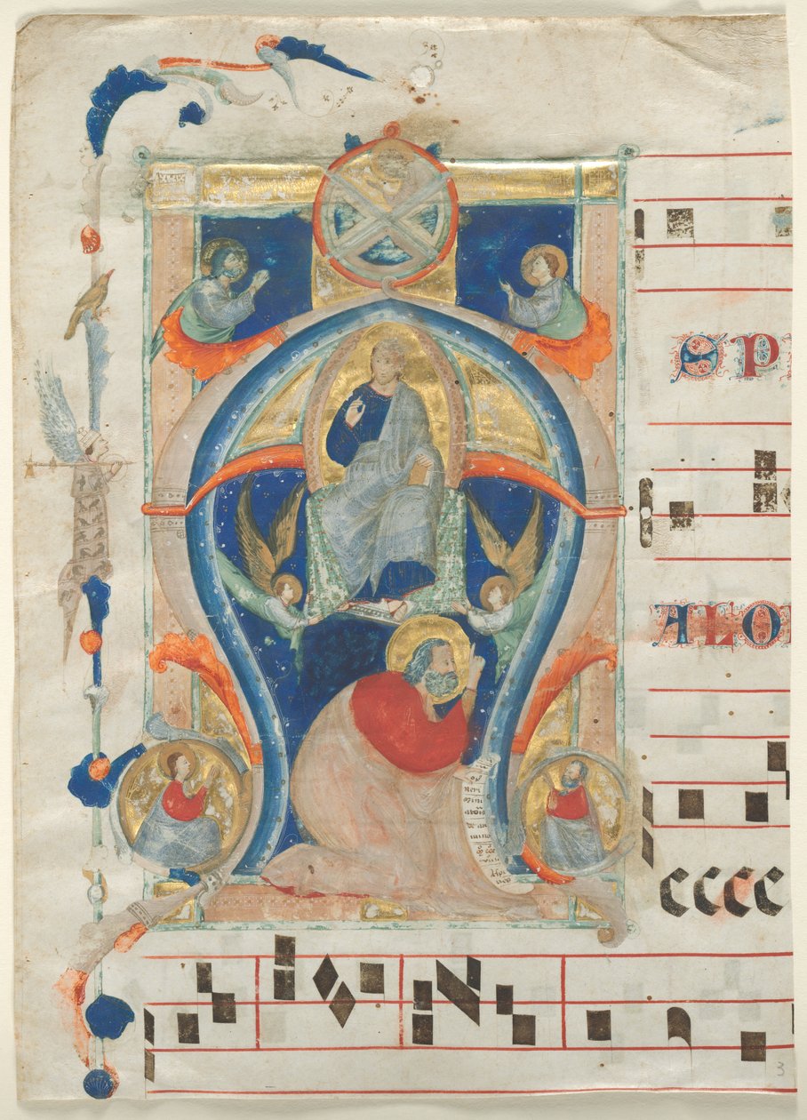 Fragment van een antifonarium met gehistorieerde initiaal A: Christus in Majesteit door Neri da Rimini