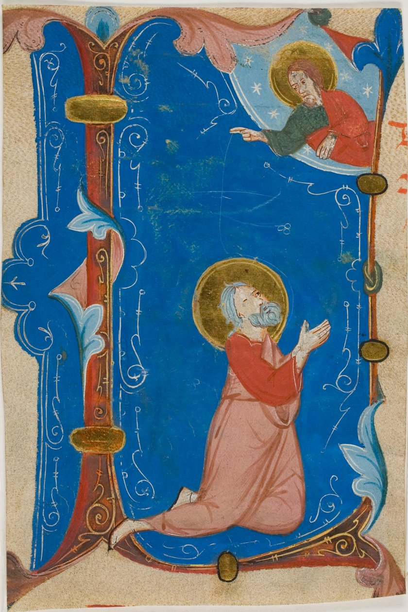 Biddende heilige (Mozes?) met Christus in een gehistorieerde initiaal "L", uit een koorboek door Neri da Rimini