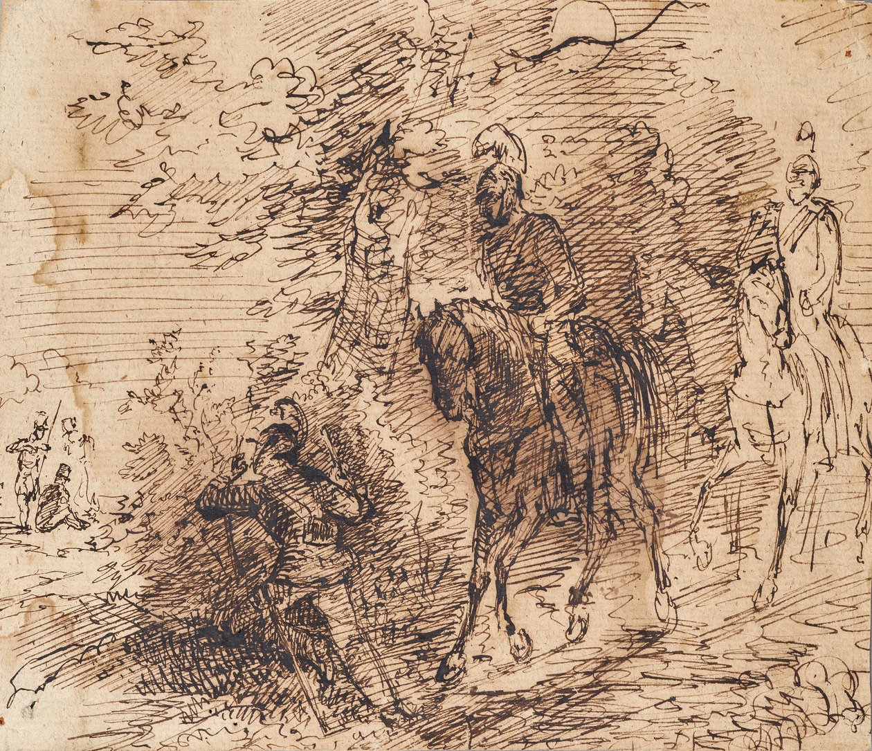 Bereden soldaten observeren drie andere soldaten door Leopold Blonder