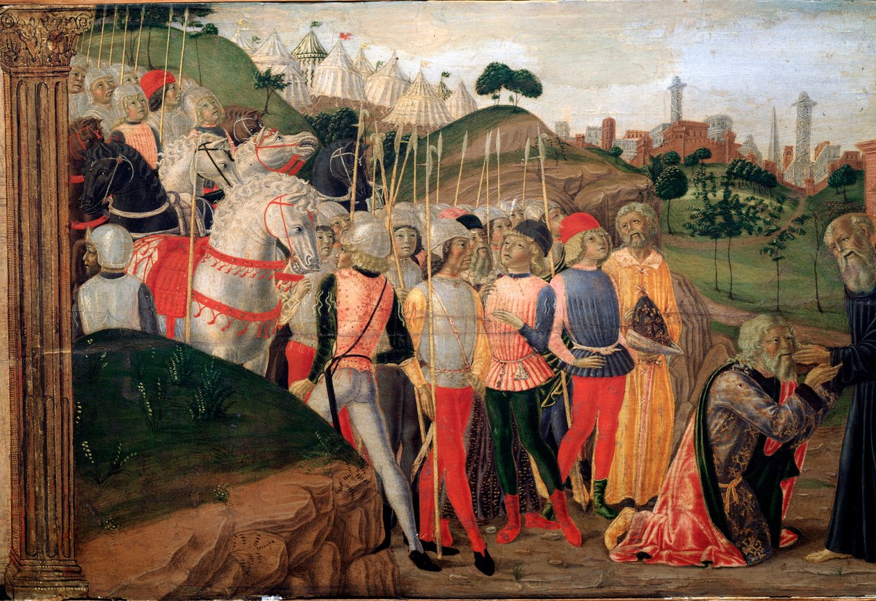 Totila, koning van de Ostrogoten bezoekt Benedictus van Nursia (detail) door Neroccio di  Landi