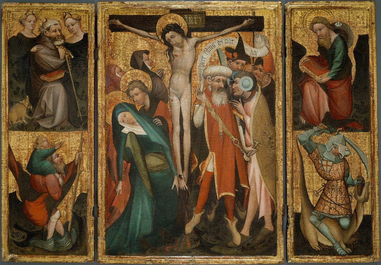 Drieluik van de Kruisiging met de Heiligen Antonius, Christoffel, Jacobus en Joris door Netherlandish