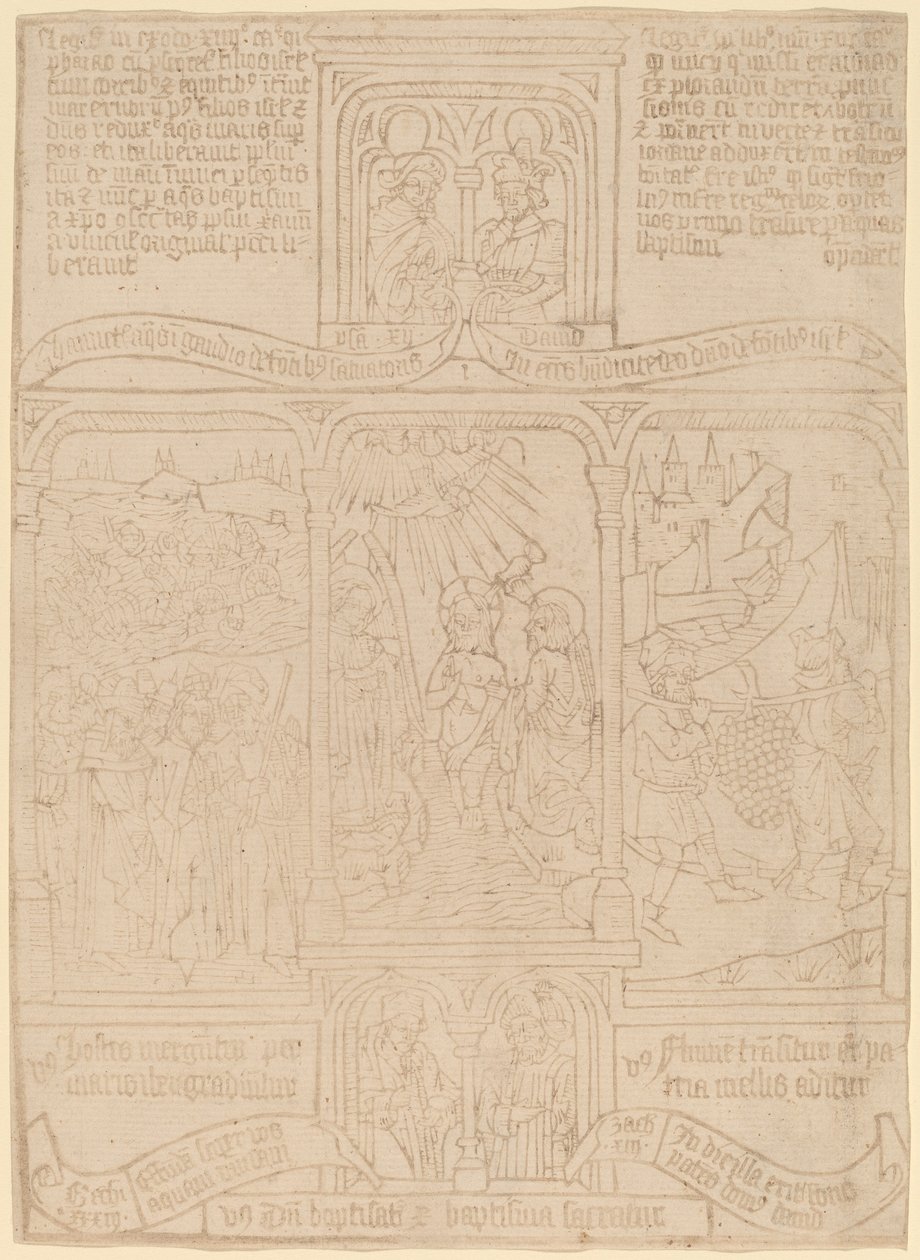 De Doop van Christus; Farao die door de Rode Zee trekt; Jozua en Kaleb door Netherlandish 15th Century