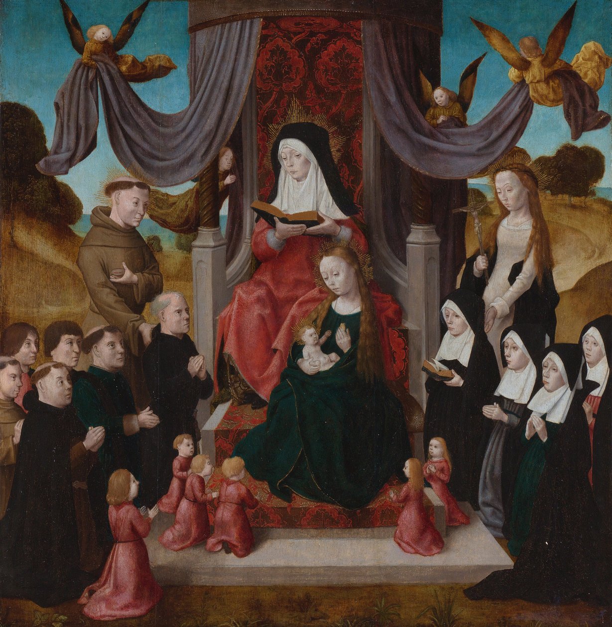 De Maagd en Kind met Sint-Anna, Heiligen Franciscus, Lidwina en schenkers, ca. 1490-1 door Netherlandish Master