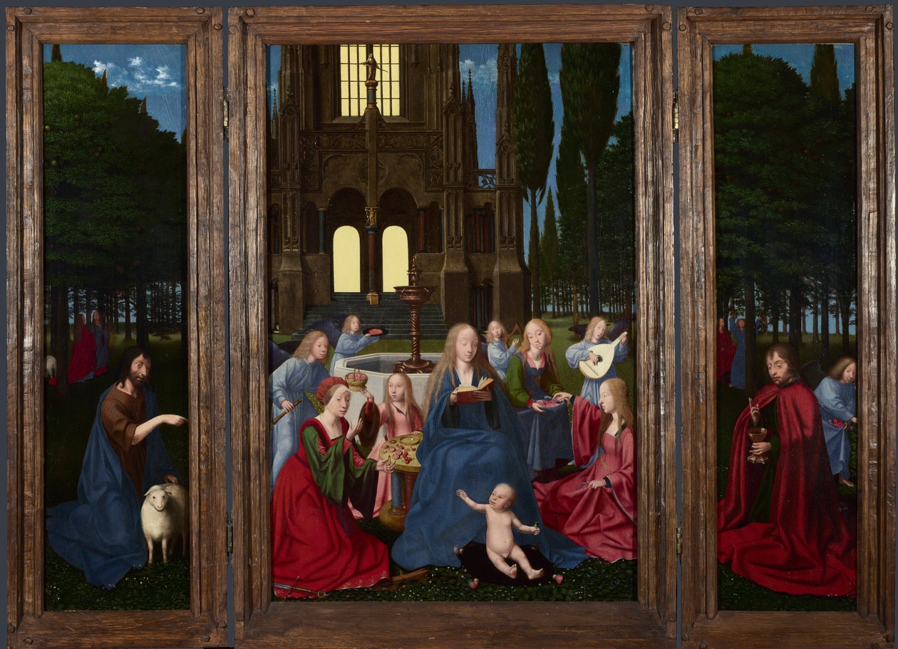 De Maagd en het Kind met Heiligen en Engelen in een tuin, c. 1500 door Netherlandish Master