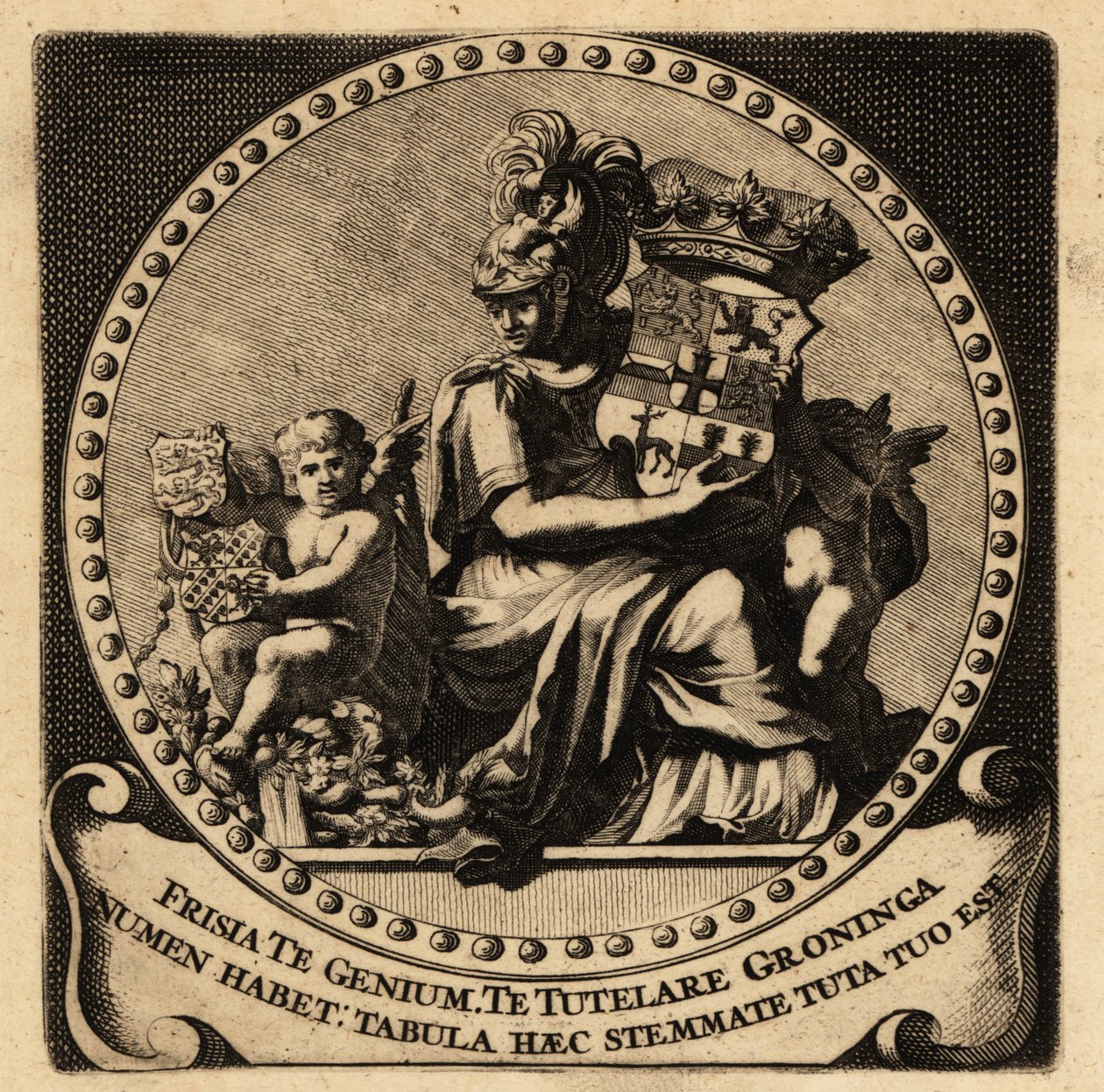Allegorische figuur van Friesland en Groningen met wapenschilden door Netherlandish School