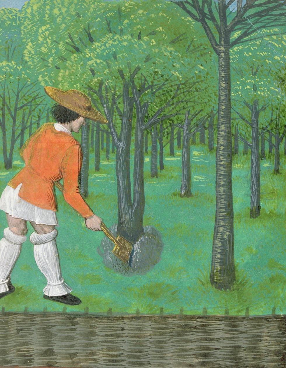 Man met een spade in een boomgaard, uit 