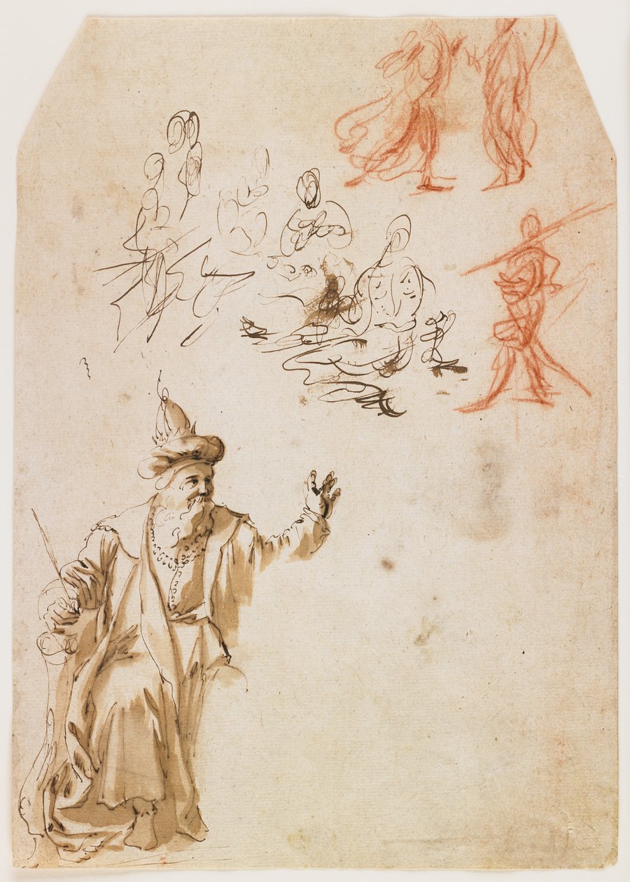 Studie van een oudtestamentische profeet en andere figuurstudies (recto); Studie van een mannelijke figuur met een touw (verso) door Netherlandish School