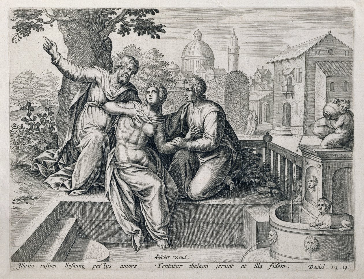 Susanna en de Ouderen, uit een serie die scènes uit de Bijbel illustreert, uitgegeven door Claes Jansz Visscher ca. 1590 door Netherlandish School
