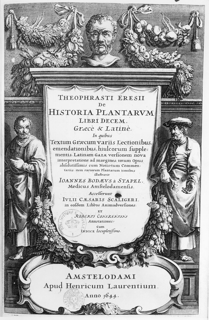 Titelpagina van Historia Plantarum Libri Decem door Theophrastus (ca.372-ca.287 v.Chr.) gepubliceerd in Amsterdam in 1644 door Netherlandish School