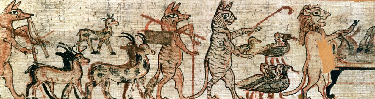 De Satirische Papyrus, detail van de rechterkant met een kat die ganzen hoedt en een leeuw die een ezel mummificeert, uit Thebe, ca. 1100 v.Chr. door New Kingdom Egyptian