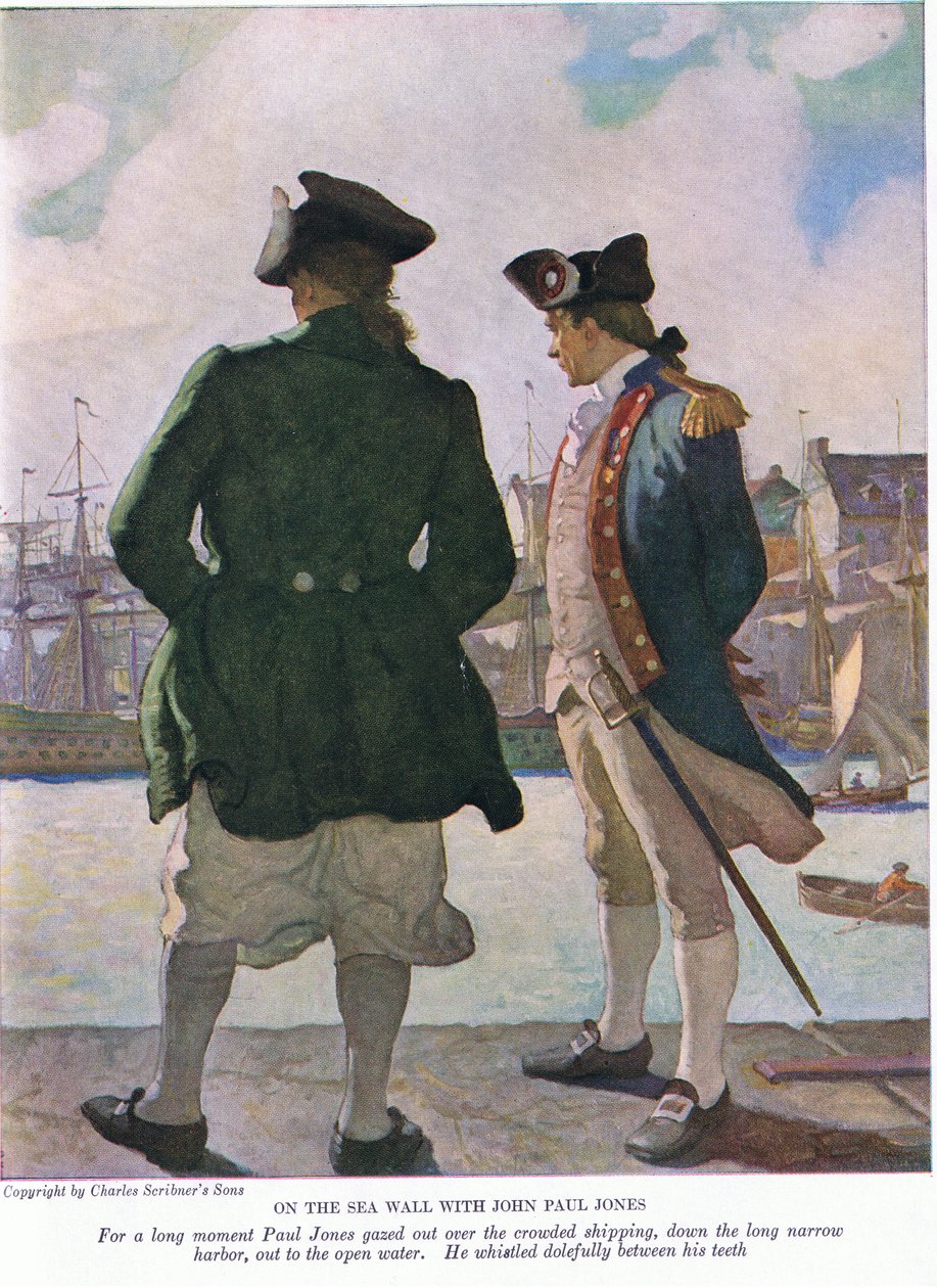 Op de zeewering met John Paul Jones: Een lange tijd staarde John Paul over de scheepvaart in de haven naar het open water door Newell Convers Wyeth