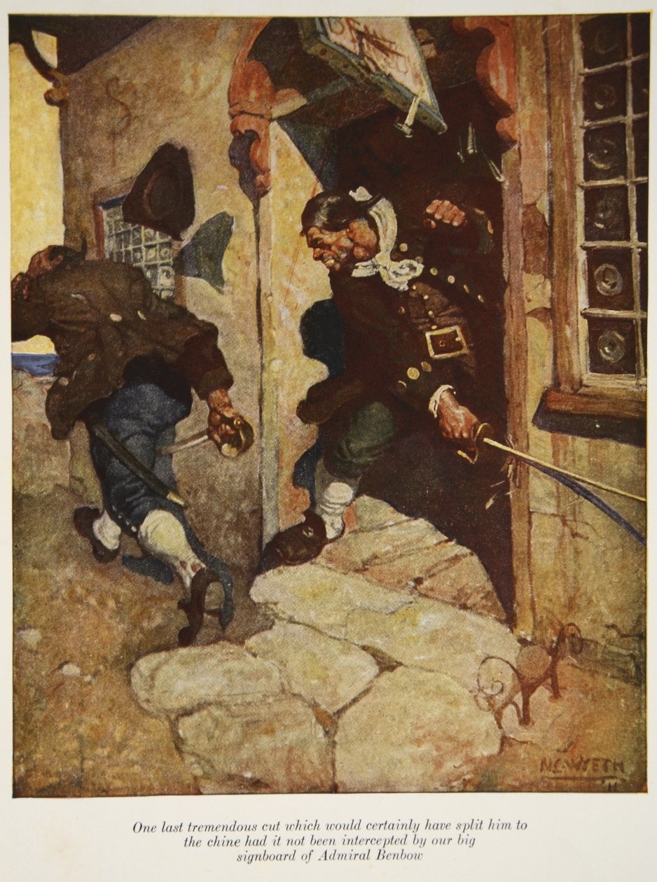 Een laatste geweldige houw die hem zeker in tweeën had gespleten als hij niet was onderschept door ons grote uithangbord van Admiral Benbow, een illustratie uit Schateiland door Robert Louis Stevenson door Newell Convers Wyeth