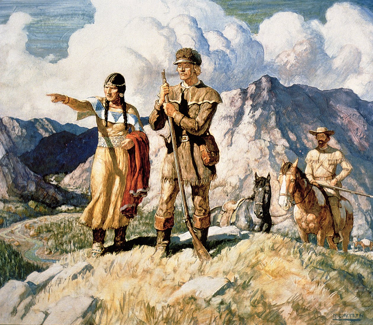 Sacagawea met Lewis en Clark tijdens hun expeditie van 1804-06 (kleur litho) door Newell Convers Wyeth