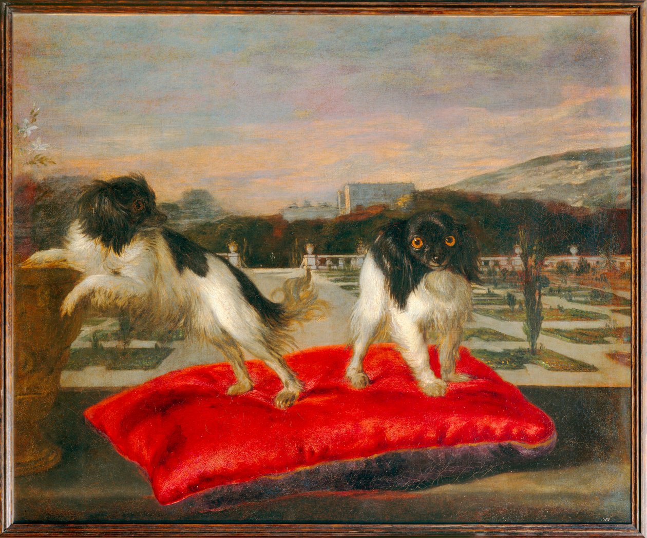 Twee kleine hondjes op het terras van een italiaanse tuin - Twee kleine hondjes op het terras van een italiaanse tuin ... door Nicasius (1620 78) Bernaerts