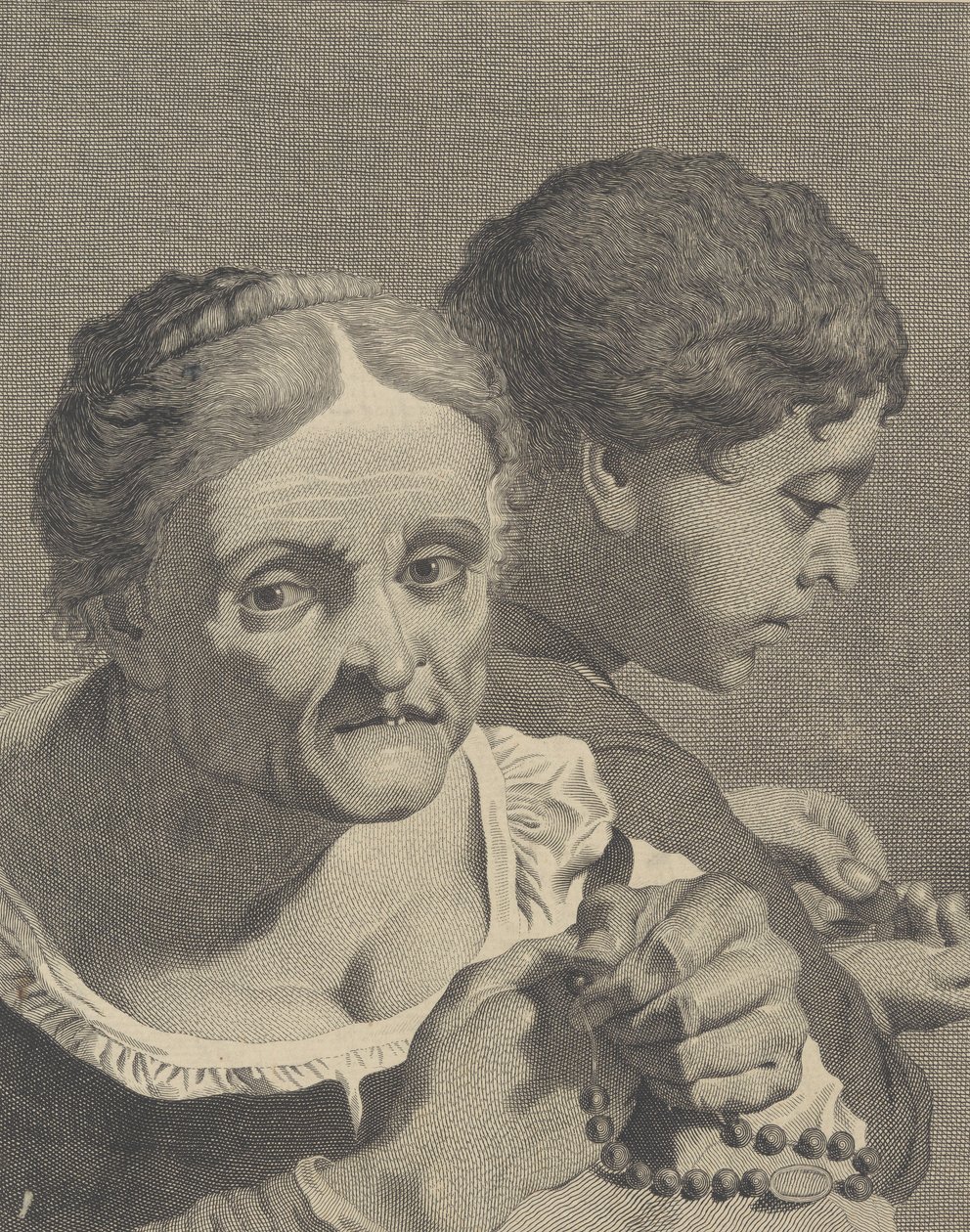 Kopie in omgekeerde richting van een oude vrouw met een rozenkrans en een jongen die munten telt door Niccolò Cavalli