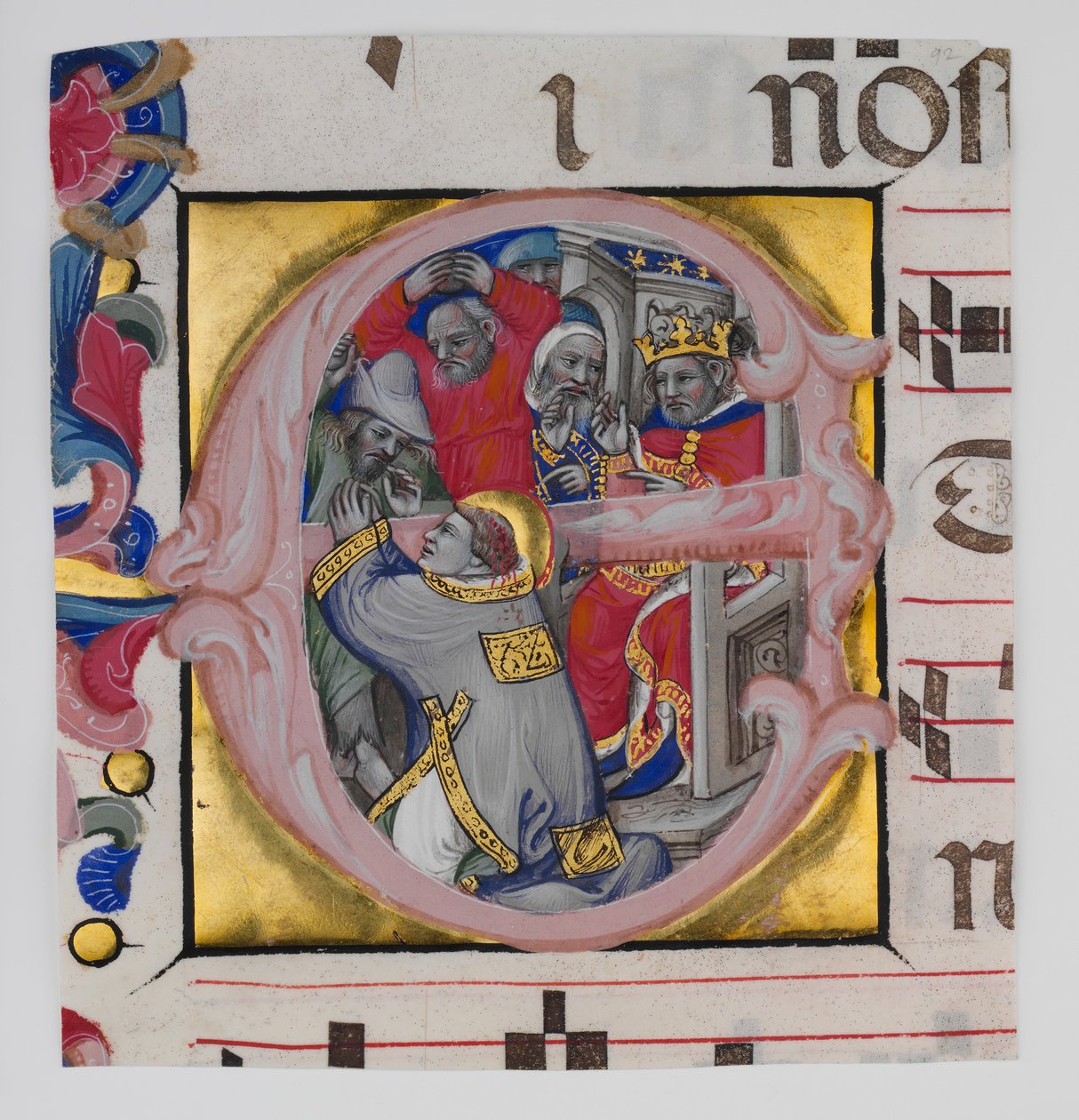 Manuscript Verlichting met het Martelaarschap van Sint Stefanus in een Initiaal E door Niccolò di Giacomo da Bologna