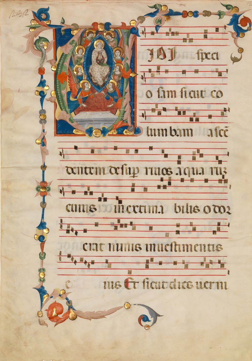 Manuscriptblad met de Tenhemelopneming van de Maagd in een Initiaal V, uit een Antifonarium, ca. 1340 door Niccolò di ser Sozzo