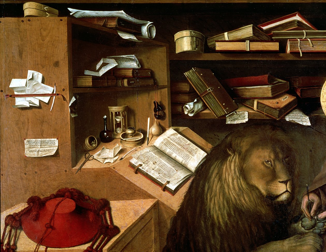 Sint Hiëronymus verwijdert een doorn uit de poot van de leeuw, ca.1445 (detail) door Niccolo Antonio Colantonio