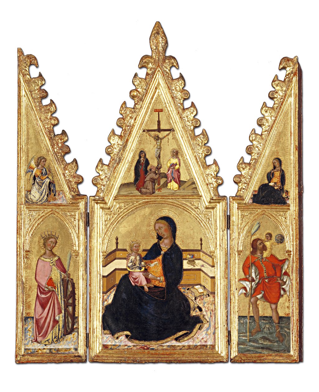 De Madonna van de Nederigheid met St. Catharina van Alexandrië, St. Christoffel, de Annunciatie en de Kruisiging, c.1370-75 door Niccolo di Buonaccorso