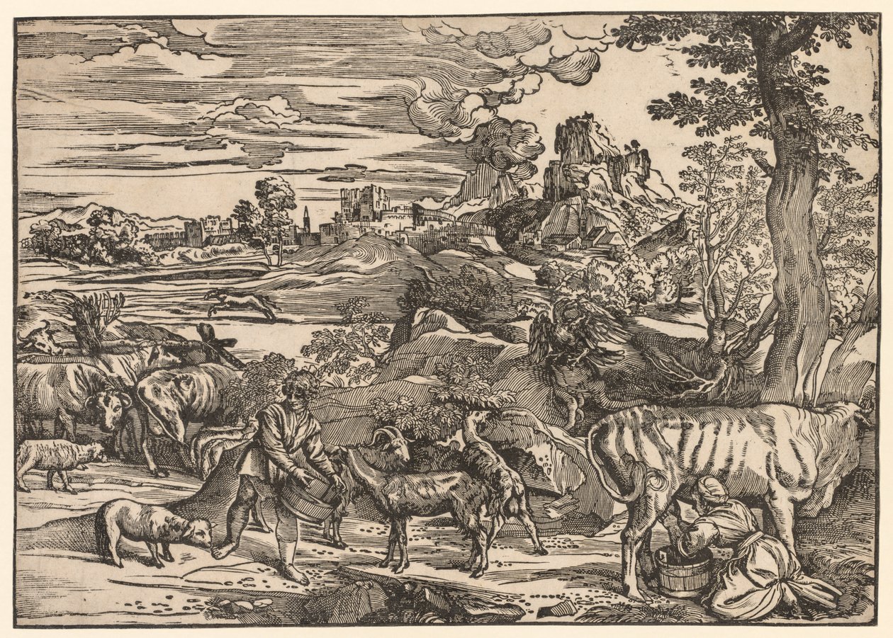 Landschap met een melkmeid door Niccolo Boldrini
