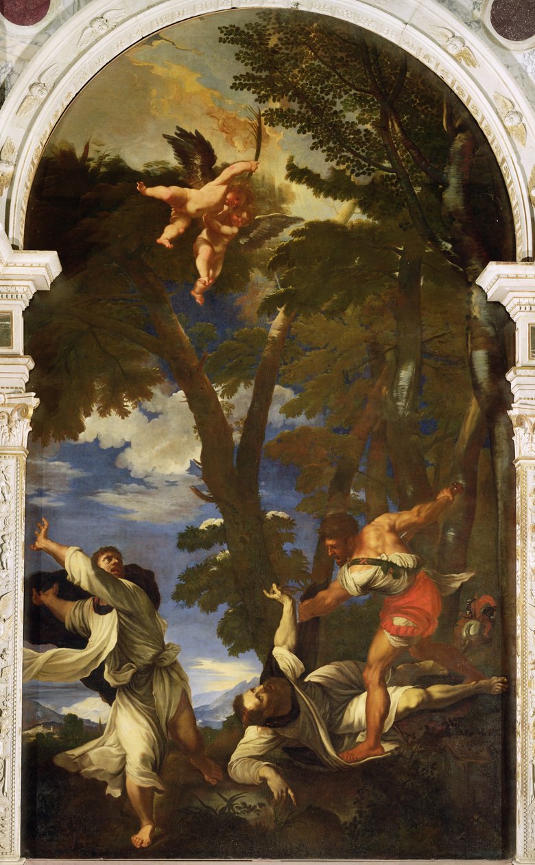 St. Peter Martelaar Gestoken door Gehuurde Moordenaars (kopie van het schilderij door Titiaan verloren in de brand van de Rozenkranskapel) door Niccolo Cassana