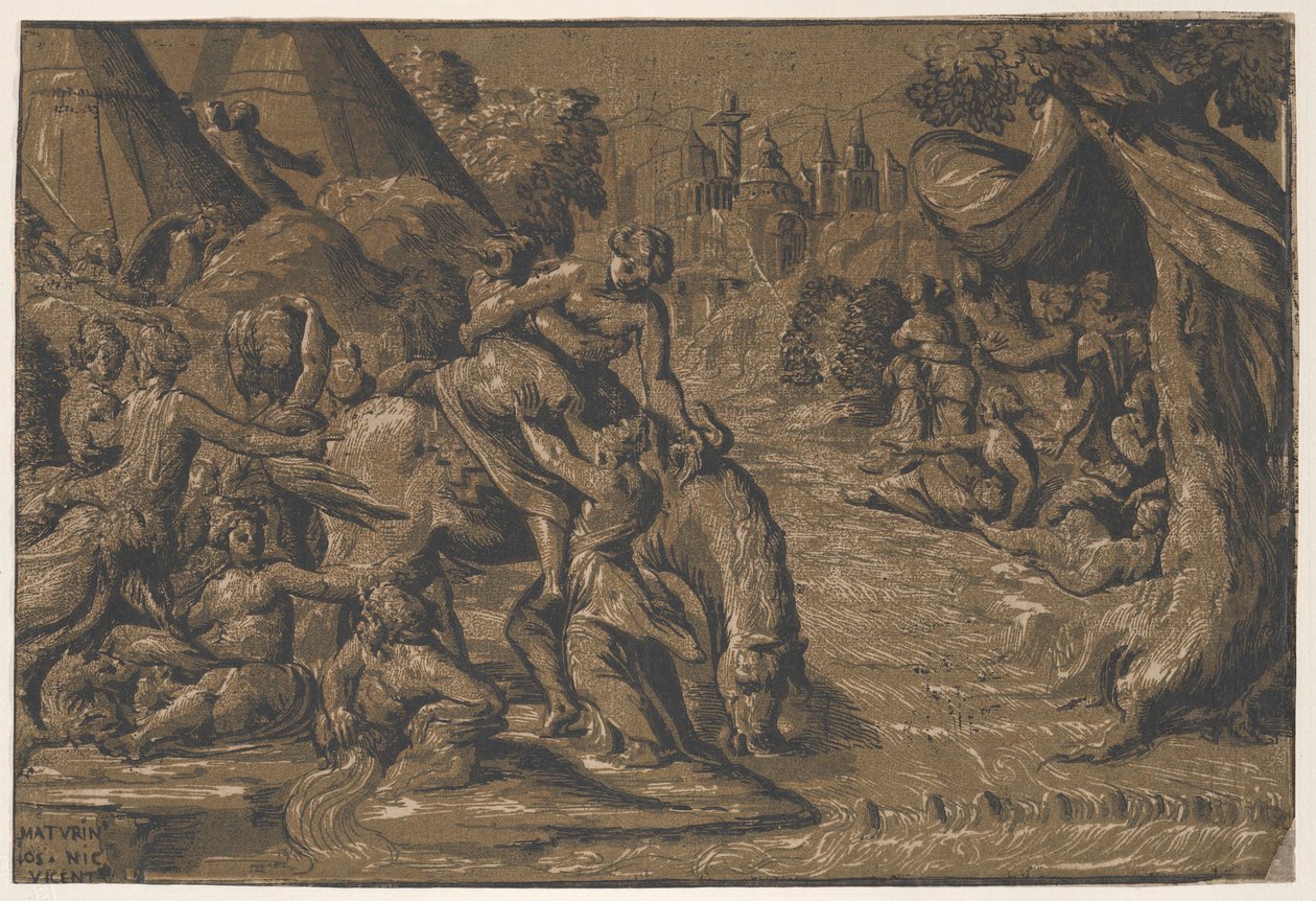 Cloelia de Romeinse heldin in het midden die op een paard wordt geholpen, Rome op de achtergrond..., 1540-50 door Niccolo Vicentino