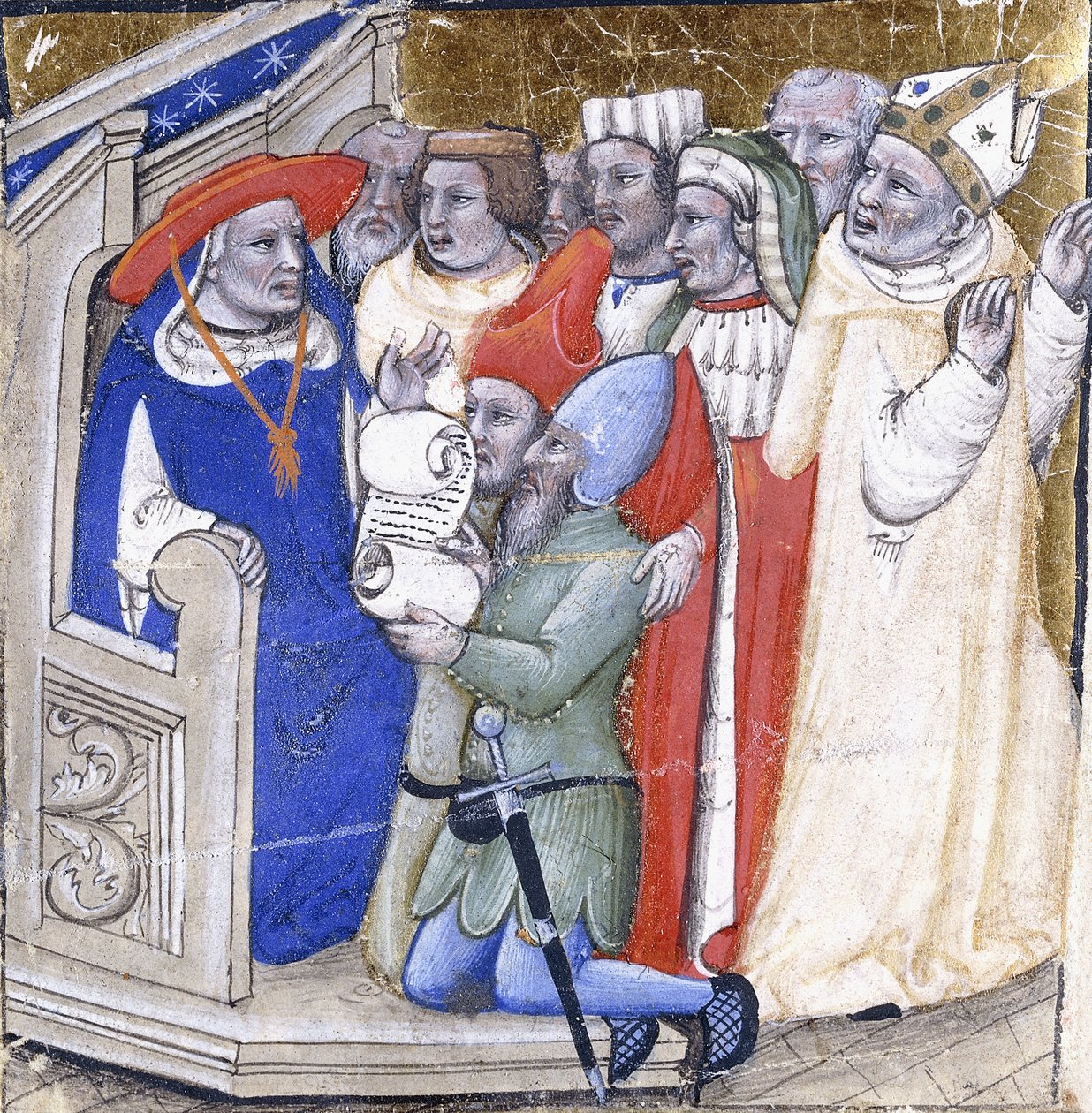 Een kardinaal die een bisschop beoordeelt, beschuldigd door twee leken, c.1380 door Niccolo di Giacomo
