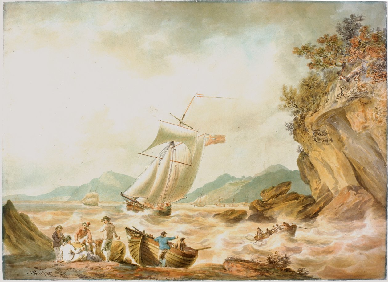 Kustscène met schepen door Nicholas Pocock
