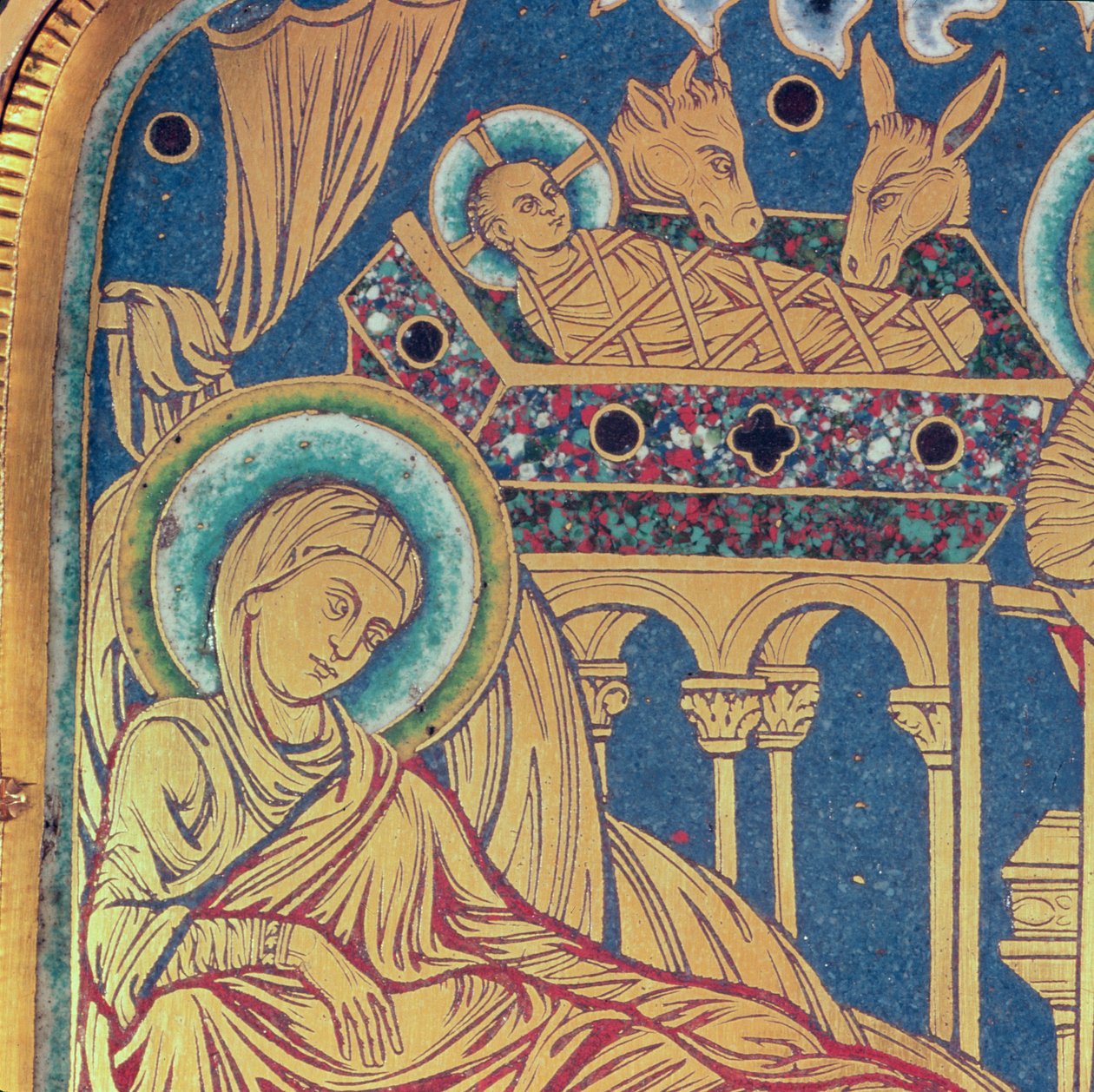 De geboorte van Christus, paneel van het Verduner Altaar, 1181 (champlevé emailwerk) door Nicholas of Verdun