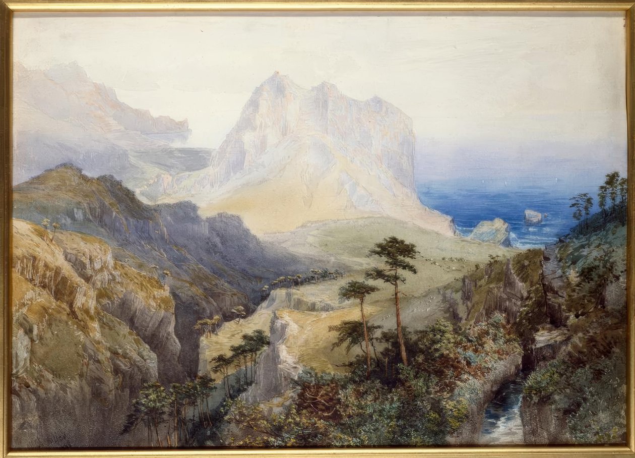 Een kloof bij de zee, Zuidelijke Alpen, Nieuw-Zeeland door Nicholas Chevalier
