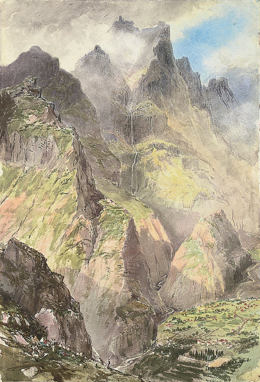 De Grande Curral, Madeira, met een groep toeristen op de voorgrond, de Pico Grande erachter (aquarel op papier) door Nicholas Chevalier