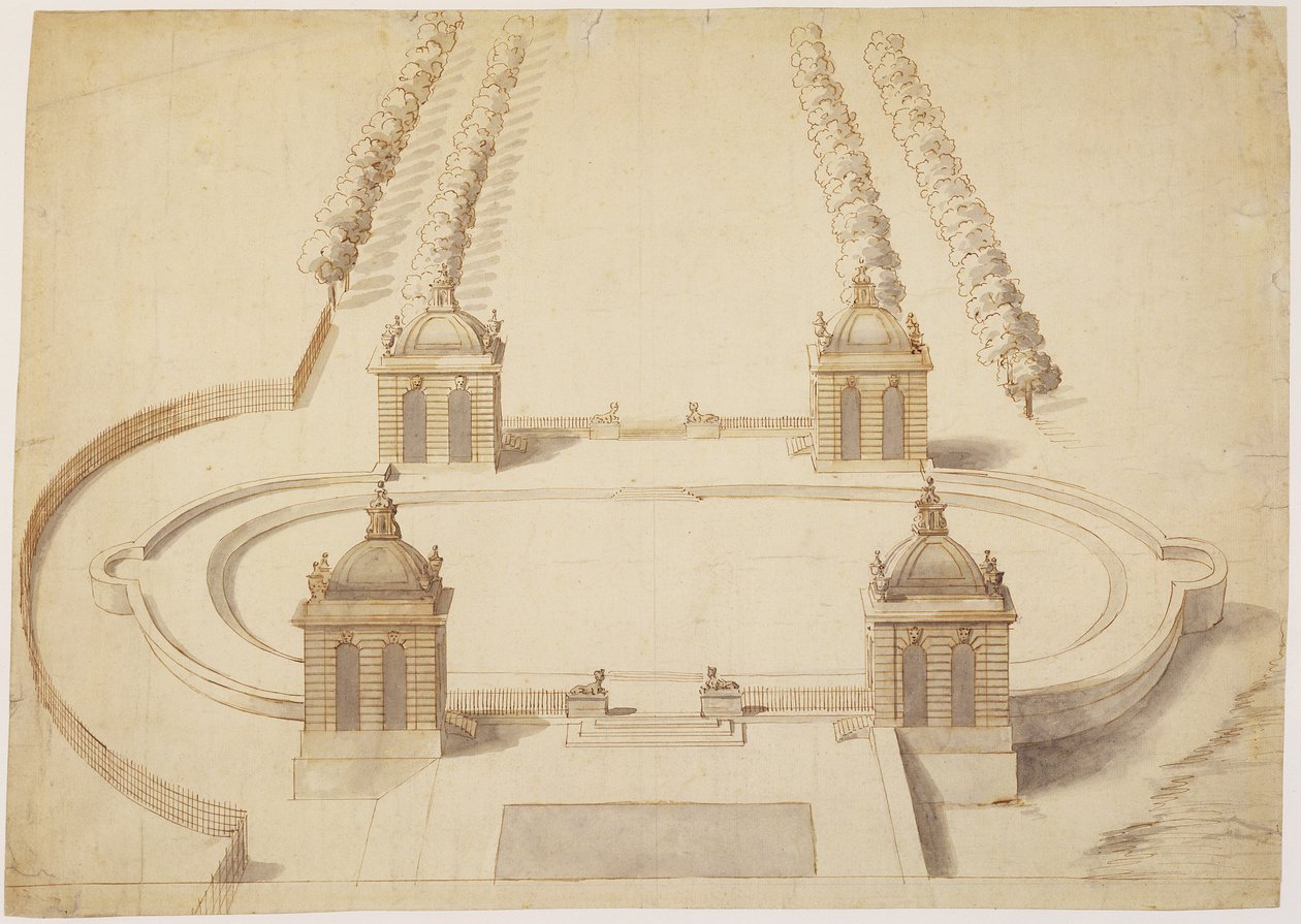 Ontwerp voor een bowling green, Hampton Court, c.1689-91 door Nicholas Hawksmoor