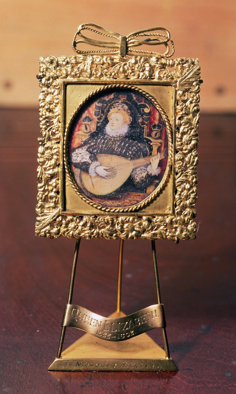 Koningin Elizabeth I speelt de luit (miniatuur inclusief koperen standaard) door Nicholas Hilliard