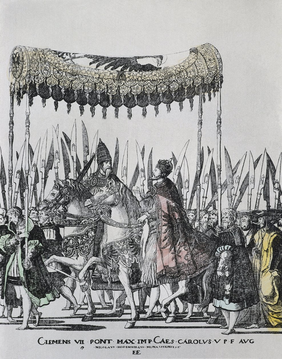 HOGENBERG, Nicolas. De Kroning van Karel V in Bologna. KAREL V, Heilige Roomse Keizer en Koning van Spanje; CLEMENS VII, Paus tussen 1523 en 1534. Gravure door Nicholas Hogenberg